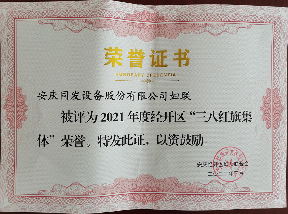 安慶市經開區授予我司婦聯“三八紅旗集體”榮譽證書